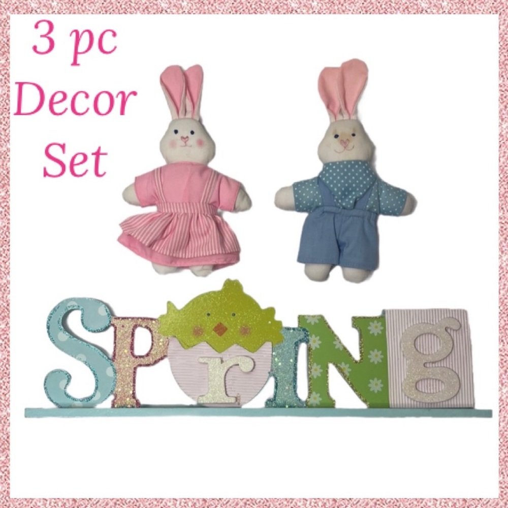 Spring Decorations Set 3 pc Bunny Rabbit Country Farmhouse Shabby Chic Cottage